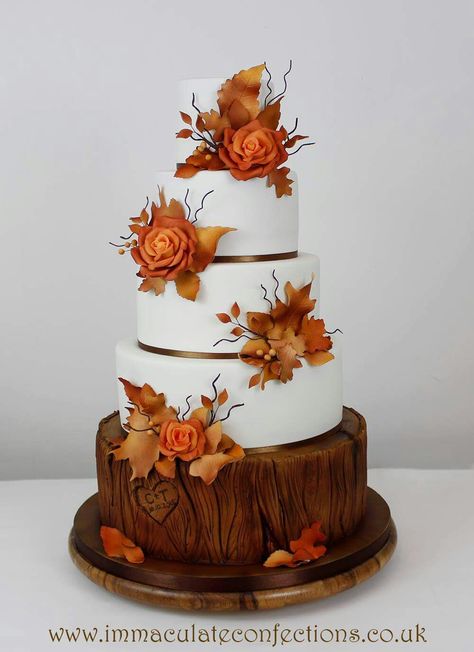 Autumn Cakes, Autumn Wedding Cakes, Autumn Cake, Thanksgiving Cakes, Cake Image, Fondant Wedding Cakes, Wedding Cake Roses, Autumn Rose, Tiered Cake