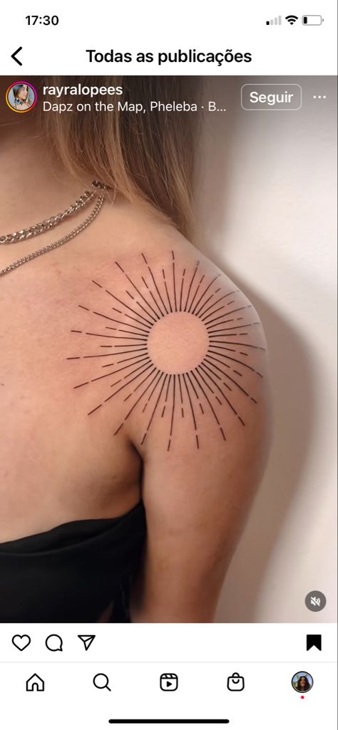 Sun Burst Tattoo Shoulder, Upper Arm Sun Tattoo, Sunburst Tattoo Shoulder, Easily Hidden Tattoos, Chest Sun Tattoo, Large Sun Tattoo, Front Shoulder Tattoos For Women Unique, Sun Shoulder Tattoos For Women, Matching Shoulder Tattoos