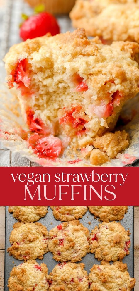 Vegan Strawberry Muffins Vegan Strawberry Dessert, Strawberry Lemon Muffins, Vegan Strawberry Muffins, Nora Cooks, Vegan Breads, Vegan Pudding, Simple Baking, Strawberry Breakfast, Coconut Muffins