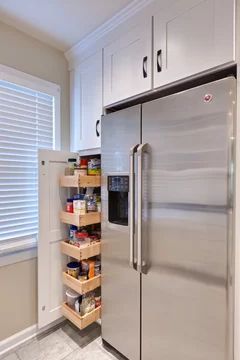 Narrow Pantry, Pantry Redo, Contemporary Kitchen Remodel, Slide Out Shelves, Refrigerator Cabinet, Pantry Cupboard, Pantry Shelving, Small Pantry, Kitchen Pantry Cabinets