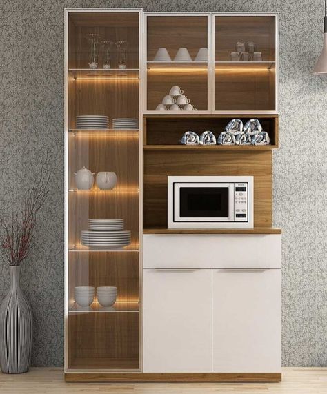 New Crockery Unit Design, Crockery Unit Design With Oven, Crockery Unit Design With Microwave, Crocary Unit In Kitchen, Kitchen Crockery Cabinet, Kitchen Crockery Design, Cupboard For Crockery, Crockery Unit With Microwave, Crocery Almirah Designs Modern