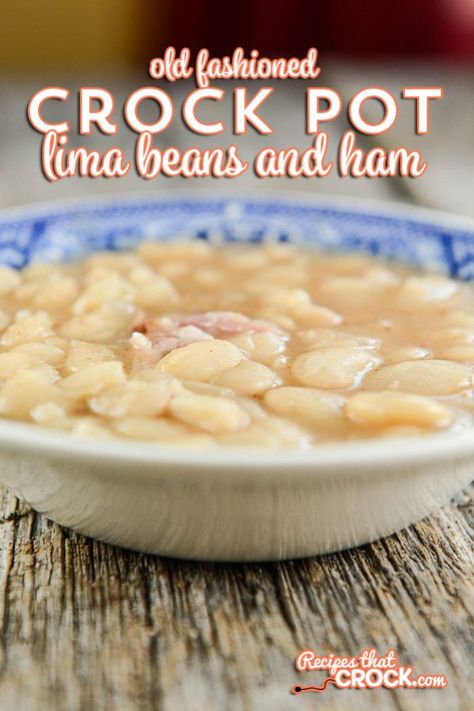 Old Fashioned Crock Pot Lima Beans and Ham is a delicious way to try lima beans if you haven't tried it before. The dish is a little similar to traditional slow cooker beans and ham, but definitely worth a try if you haven't had lima beans the old fashioned way before! Crock Pot Lima Beans, Lima Beans In Crockpot, Lima Beans And Ham, Cooking Ham In Crockpot, Lima Bean Soup, Beans Recipe Crockpot, Beans And Ham, Lima Bean Recipes, Butter Beans Recipe