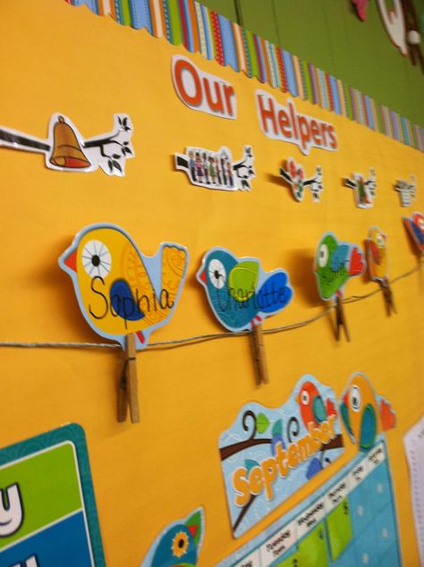 "Birds on a Wire" helper chart for preschool. So cute (at least I think) :) Birds Classroom Decoration, Preschool Helper Chart, Apple Curriculum, Boho Birds Classroom Theme, Bird Classroom Decor, Nursery Class Decoration, Balanced Math, Birthday Chart Classroom, Helper Chart