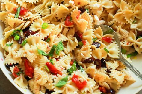 Greek pasta salad up close. Meet Balls, Magnolia Recipes, Salad Board, Farmhouse Recipes, Greek Pasta Salad Recipe, Wellington Recipe, Greek Pasta Salad, Cold Salads, Kebabs On The Grill