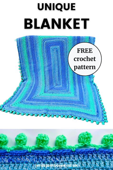 two images showing a crochet blanket in blues and greens and a close up of a pom pom border Crochet Blanket Center Out, Crochet In The Round Patterns Blankets, Crochet Blanket In Rounds, Crochet Blanket Patterns In The Round, In The Round Crochet Blanket, Crochet Blanket In The Round, Crochet Blanket Free Pattern, Crochet Blanket Free, Round Blanket