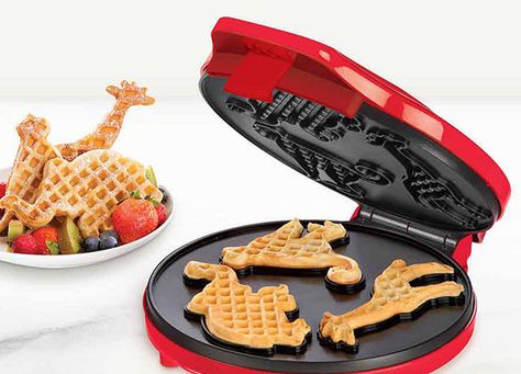 [G] Bella Waffle Maker [shapes waffles into monkey, giraffe, & elephant] --- perfect for "Jungle" Theme    [add nutella, sliced bananas, and whipped cream for dessert] Recipes Waffles, Waffles Maker, Circus Animals, Zoo Animal, Cooking Gadgets, Cookie Stamps, Waffle Maker, Cool Kitchen Gadgets, Cool Inventions