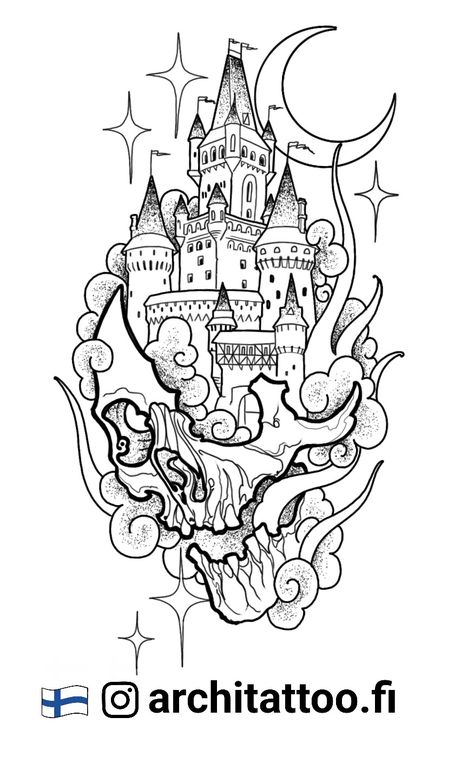 Harry Potter Castle Tattoo, Dracula Tattoo, Small Dragon Tattoos, Castle Tattoo, Fantasy Tattoos, Chest Piece Tattoos, Tattoo Stencil Outline, Painting Tattoo, Horror Tattoo