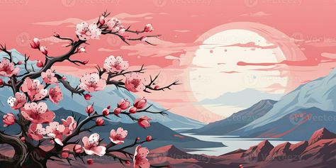 AI Generated. AI Generative. Vintage retro traditional Japanese Asian landscape background. Cherry blossom sakura tree flower mountain and outdoor nature minimal graphic art. Graphic Art Landscape With Flowers Drawing, Japanese Background Landscape, Sakura Wallpaper Pc, Cherry Blossom Wallpaper Desktop, Japan Art Aesthetic, Sakura Tree Drawing, Sakura Landscape, Sakura Background, Cherry Blossom Landscape