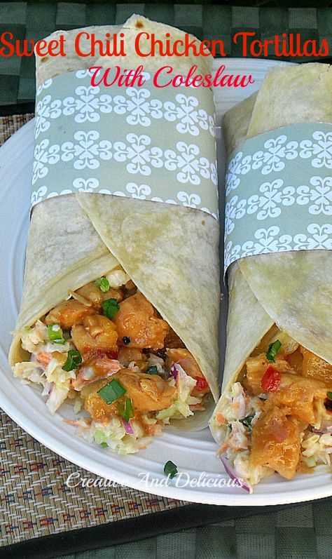 Delicious sweet, chili chicken and crunchy coleslaw filled tortillas Coslaw Recipes, Crunchy Coleslaw, Chicken Tortillas, Sweet Chili Chicken, Lunch Wraps, Chili Chicken, Sandwich Shop, Coleslaw Mix, Tex Mex Recipes