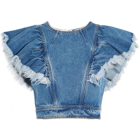 Philosophy di Lorenzo Serafini Cropped ruffled denim top ($365) ❤ liked on Polyvore featuring tops, mid denim, denim frill top, crop top, blue top, cut-out crop tops and flutter crop top Ropa Upcycling, Blue Ruffle Top, Blue Denim Shirt, Denim Outfits, Denim Inspiration, Frill Tops, Denim Ideas, Denim Crop Top, Denim Diy