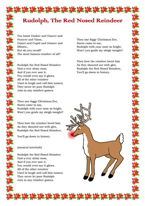 Rudolph, The Red Nosed Reindeer - English ESL Worksheets Lyrics Worksheet, Reindeer Song, Christmas Carols Lyrics, Reindeer Printable, Christmas Songs Lyrics, Nursery Rhymes Activities, Xmas Songs, Rudolph Red Nosed Reindeer, Christmas Lyrics