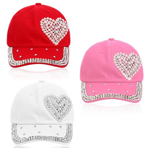 PRICES MAY VARY. Enough Quantity for Your Needs: you will receive 3 pieces of bling baseball caps for women, available in a range of beautiful colors including red, pink, and cream, allowing you to choose the suitable color to complement your style and outfit; Whether you prefer a bright color or a classic color, we have the color to suit your taste Delicate and Exquisite Design: featuring stylish heart patterns, embellished with shimmering pearls and rhinestones, our rhinestone hats for women a Baseball Cap For Women, Heart Baseball, Women Hats Fashion, Cap Decorations, Baseball Women, Womens Baseball Cap, Leopard Animal, Casual Hat, Sun Visor