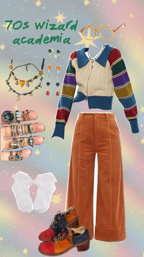 #aesthetic #70s #whimsigoth #witchaesthetic #wizard #rainbowacademia Music Major Aesthetic Outfits, 90s Teacher Aesthetic, Mrs Frizzle Aesthetic, Mrs Frizzle Outfits, Miss Frizzle Outfits, Rainbow Academia, 70s Whimsigoth, Mrs Frizzle, 1980 Clothes