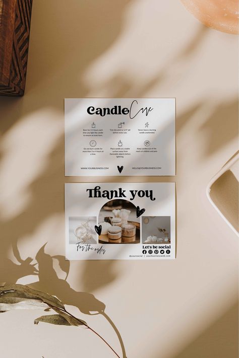 Thank You Card Candle, Product Portfolio Design, Instruction Card Design, Packaging Velas, Soy Candles Packaging, Candle Care Card, Catalog Design Layout, Candle Girl, Branding Portfolio