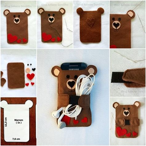 Cell phone is so important. It keep us connect to our  families,  friends and works. It let us know kinds of news etc..  This felt phone case is not only cute, but it will also protect  phone and plus cord holder.  It’s a crafty idea. What you will need: Felt Scissors Needle and thread 3cm Felt Phone Cases, Felt Phone, Pochette Portable, Diy Teddy Bear, Crochet Phone Cases, Crochet Mobile, Diy Nail Polish, Cell Phone Pouch, Cases Diy