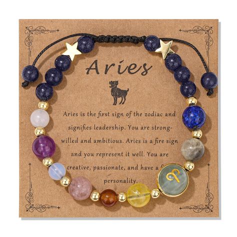 PRICES MAY VARY. 【Zodiac Bracelet】The features of the 12 zodiac signs are different from each other, and so are the characters of the people with different zodiac signs. So,Each constellation has its own unique birthstones 【Aries】The Aries birthstones - lapis lazuli,labradorite,Green aventurine,Citrine,Red agate,Strawberry quartz,Opal,Amethyst,White jade.the Nine crystal stones uniquely represent a zodiac sign, which each has its own healing effect and protection for the wearer, Also, Wearing th Aries Crystals Stones, Aries Birthstone, Beauty Quotes Inspirational, 12 Constellations, Cute Animal Quotes, Diy Fabric Jewellery, Different Zodiac Signs, Fabric Jewellery, Zodiac Bracelet