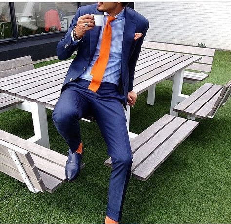 Blue shirt, orange tie, blue suit Orange Tie Outfit Men, Navy Suit Blue Shirt, Orange Shirt Outfit, Tie Outfits Men, Blue Suit Outfit, Bright Blue Suit, Blue Tux, Tie Outfit, Dark Blue Suit