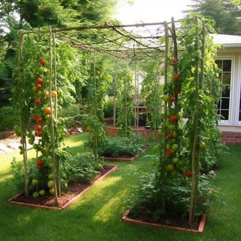 How to build a tomato trellis (step-by-step guide) Tomatoes Trellis Ideas, Tomato Trellis Ideas Diy, Zone 6b Gardening, Tomato Plant Trellis, Tomato Trellis Ideas, Diy Tomato Trellis, Tomato Supports, Vegetable Garden Layouts, Tiny Backyard