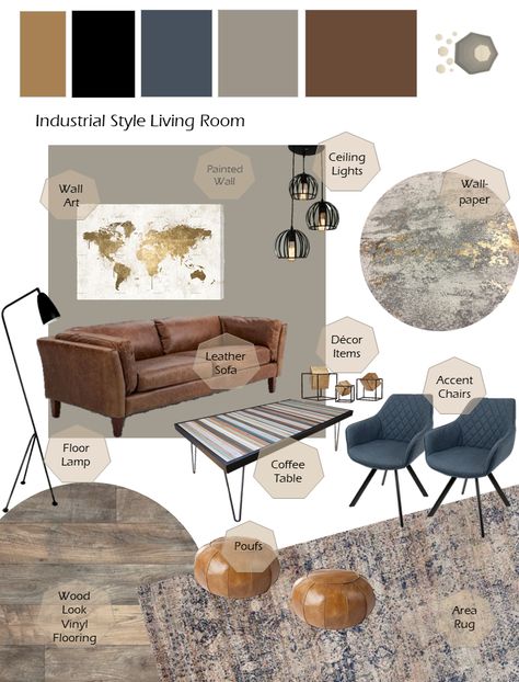 Grey And Tan Home Decor, Color Industrial Interior, Gray Blue Black Gold Living Room, Blue Tan And Black Living Room, Blue Grey Black Gold Living Room, Dark Grey Couch Living Room Mood Board, Grey Tan Black Living Room, Blue Tan Grey Living Room, Black Grey Tan Bedroom