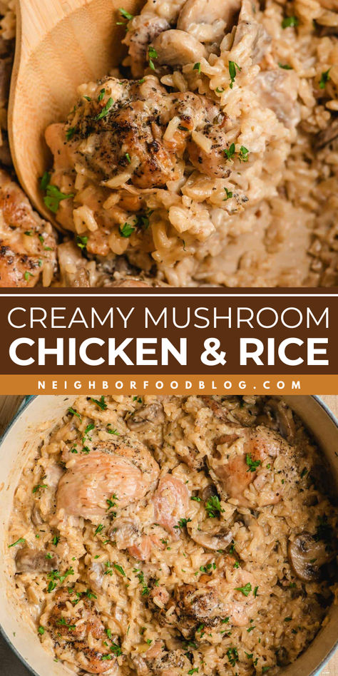 Creamy Mushroom Chicken and Rice is an easy one pot meal with layers of rich flavor. This is the ultimate comfort food recipe for cold and dreary days! Creamy Chicken Mushroom Wild Rice, Chicken And Wild Rice Crockpot Recipes, Mushroom Chicken Over Rice, Creamy Mushroom Chicken And Wild Rice, One Pot Mushroom Chicken And Rice, Chicken And Rice Recipes Mushroom Soup, Crockpot Mushroom Chicken And Rice, Chicken Potatoes And Mushrooms, Tasty One Pot Meals