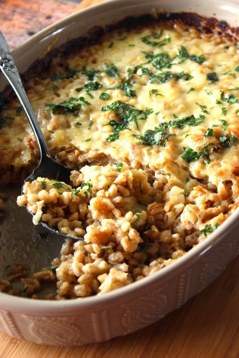 Farro and Onion Casserole Onion Bake, Farro Recipes, Onion Casserole, Coarse Salt, Vidalia Onions, Dinner Side Dishes, Ancient Grains, Gruyere Cheese, Grain Foods