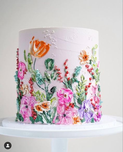 Hand Painted Floral Cake, Bright Flower Birthday Cake, Bright Floral Cake, Flower Painting Cake, Floral Themed Cake, Watercolor Flower Cake, Spring Flower Cake Ideas, Wildflower Cake Wedding, Flower Garden Birthday Cake