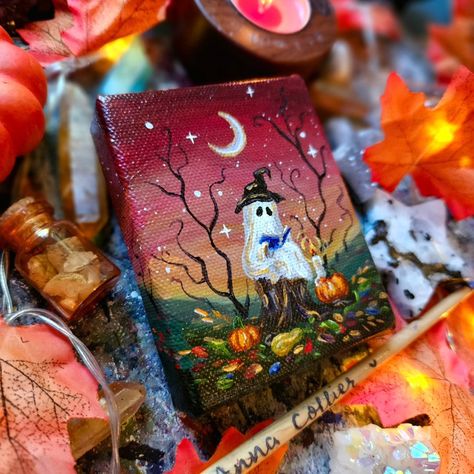 Anna Collier | Little ghosts on parade 👻✨️🍂 *edit, all sold* available now Happy Saturday Love, Anna x #spooky #ghosts #ghostlovers #ghoststory... | Instagram Cute Ghost Art, Autumnal Landscape, Witchy Hat, Halloween Gift Baskets, Painting Cute, Ghost Art, Little Ghost, Minecraft Decorations, Orange Sky