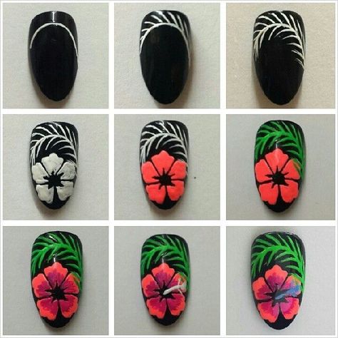 Degrade Nails, Hibiscus Nail Art, Hawaiian Nails, Nailart Tutorial, Tropical Nails, Different Nail Designs, Flower Nail Art, I Love Nails, Nail Art Hacks