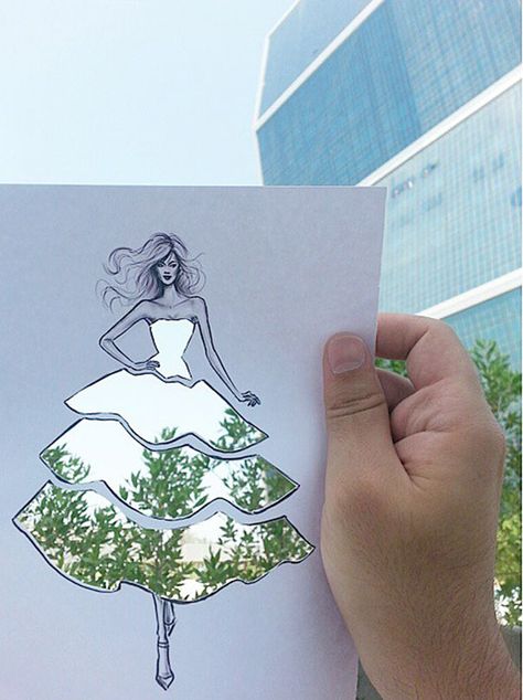 Shamekh Bluwi, an architect and fashion illustrator based in Amman, Jordan, creates beautiful paper cut-outs with women whose dresses become whatever you hold them up against. [BoredPanda} Shamekh Bluwi, Fashion Instagram Accounts, Cut Out Art, Paper Cutout Art, Amman Jordan, Cicely Mary Barker, Piece Of Paper, Dress Sketches, Beautiful Paper