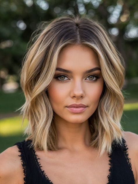 Brown Hair Blonde Highlights Shoulder Length, Hombre Bob Hairstyles, Balayage Hair Over 50, Blonde Collar Bone Length Hair Curtain Bangs, Hair For Thinner Hair, Cute Haircuts For Medium Hair With Layers Shoulder Length, Summer Shoulder Length Hair, Round Face Thick Hair Haircut, Miranda Derrick Hair