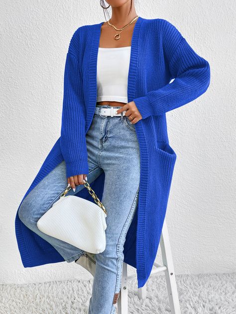 Blue Duster Cardigan, Long Blue Cardigan Outfit, Royal Blue Cardigan Outfit, Blue Cardigan Outfit, Royal Blue Outfits, Drop Shoulder Cardigan, Áo Len Cardigan, Maxi Cardigan, Duster Cardigan