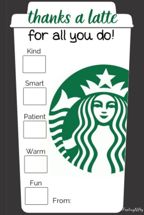 4 Easy Thanks A Latte Teacher Appreciation Gift Ideas - FREE Printable. Learn 4 ways to  use these free printable template as a DIY teacher gift ideas. Use them as a card, gift tags for cups and cookies. The wording on card says Thanks a Latte for All You Do. 3 designs to chose from: Starbucks, Tim Hortons and Dunkin Donuts. Can also be used for Nurse gift ideas. For Christmas, end of year, daycare, etc.. #teacherAppreciation #ThanksALatte #DiyGifts #teacherGifts #nurseGifts Starbucks Appreciation Gift, Starbucks Gift Card Teacher Appreciation, Teacher Gift Starbucks, Starbucks Gift Card Ideas For Teachers, Starbucks Gift Tags Free Printables, Starbucks Thank You Gift Free Printable, Starbucks Template Free Printable, Starbucks Teacher Appreciation Printable, Coffee Thank You Card Free Printable