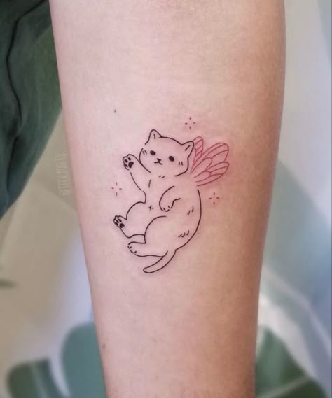 cat tattoo Fairy With Wings, Alas Tattoo, Cat Tattoo Ideas, Secret Tattoo, Magic Runes, Chic Tattoo, Small Pretty Tattoos, Cat Tattoo Designs, Cute Little Tattoos