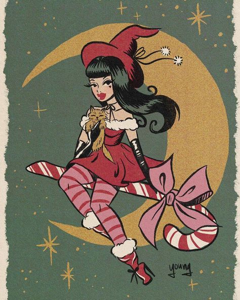 Andrea Young on Instagram: “Candy cane magic ✨ inspired by @_maribelbabydoll_ and her kitties even though I don’t think she’d wear pink! 😄 . . . . #andreayoungart…” Witch Tattoo, Creepy Christmas, Young Art, Witchy Wallpaper, Vintage Christmas Images, Vintage Witch, Vintage Horror, Pin Up Art, Christmas Images