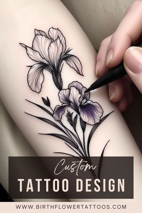 🌼✨Iris Black and White Flower Tattoo – February Birth Flower in Minimal Doodle Style✨🌿 Iris Bouquet Tattoo, Flower Tattoo February, White Flower Tattoo, February Birth Flower Tattoo, Iris Flower Tattoo, Black And White Flower Tattoo, Iris Bouquet, February Birth Flower, February Birth Flowers