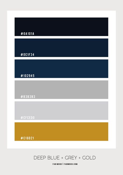 Deep Blue Bathroom Navy Gray Black Color Palette, Black Blue Bathroom Ideas, Navy Gold Grey Color Palette, Navy Gold Color Scheme, Navy Blue Grey And Gold Bedroom, Deep Blue And Gold Bedroom, Deep Blue Room Ideas, Navy Yellow Grey Color Palette, Blue Orange Gray Color Palette