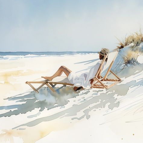 Embrace the serene beauty of our watercolour painting, featuring a woman sunbathing on a deckchair by the beach. With muted pastel hues, this wide shot captures the tranquil sand dunes under a clear sky, offering a perfect escape to relaxation and calm. Add this peaceful scene to your space and let its soothing charm transform your home. #WatercolorArt #BeachLife #Relaxation #PastelColors #ArtForHome #TranquilMoments #CalmAndSerene Watercolour Beach Scenes, Beach Watercolor Art, Beach Scenes Photography, Letting Go Painting, Watercolor Beach Scenes, Colorful Reference, Woman Sunbathing, Watercolor Beginner, Watercolor Ocean