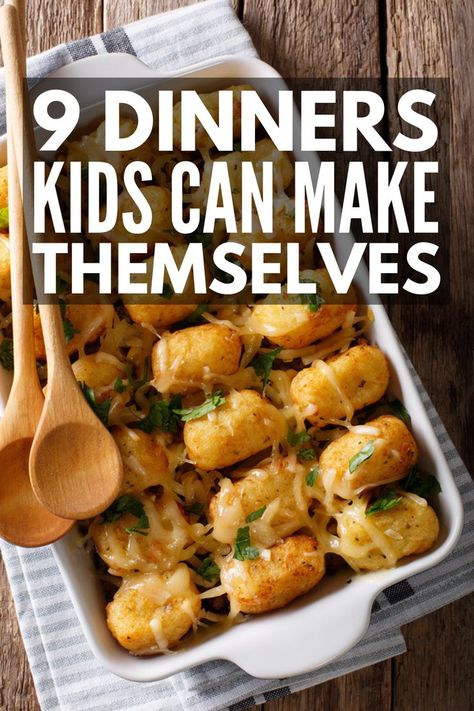 9 Dinners Kids Can Make Themselves | Easy, fun, and healthy, these meal ideas will turn your picky eater into an aspiring chef! Grab some muffin tins and make some cheeseburger cups, learn how to turn hot dogs into nuggets, or enjoy comfort foods like mini lasagnas or 5 minute mac and cheese! Oh, and the tater tots casserole is to die for! #kidsdinners #mealskidscanmake #cookingwithkids #kidsrecipes Easy Fun Dinner Recipes Families, 4h Cooking Project Ideas, Easy Dinners Kids Can Make, Meals For Kids Picky, Easy Kid Dinners Picky Eaters, Meals For Kids To Cook, Fun Kid Dinner Ideas, Dinner Kids Can Make, Fun Kid Dinners