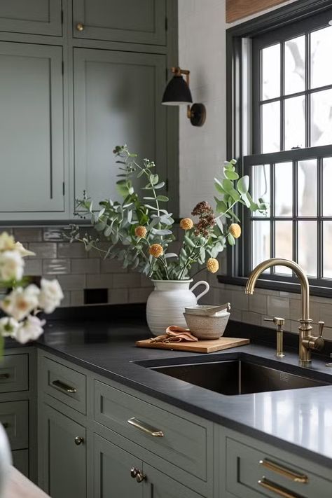 50+ Serene Kitchens with Sage Green Cabinets Sage Green Cabinets, Sustainable Kitchen Design, Olive Green Kitchen, Sage Kitchen, Green Kitchen Designs, Dark Green Kitchen, Green Kitchens, Sage Green Kitchen, Green Kitchen Cabinets