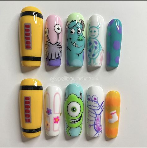 Monster Inc Nails, Gel Nails Designs, Cartoon Nail Designs, Character Nails, Disney Acrylic Nails, Christmas Nail Design, Nail 2023, Cartoon Nails, Nail Drawing