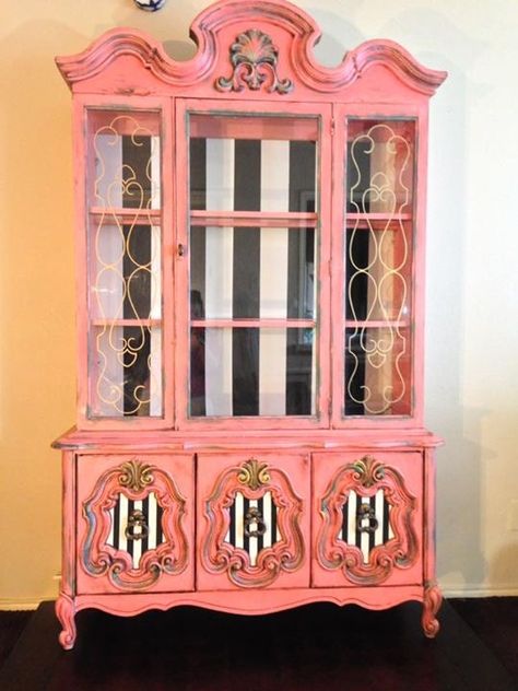 Pink Curio Cabinet, Pink China Cabinet, Pink Armoire, Dresser Projects, Artsy Apartment, Painted China Cabinet, Pink Office Decor, Upcycle Furniture, Pink China