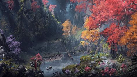 painting of river in forest, body of water surrounded by trees painting HD wallpaper 2k Wallpaper, Forest Art, Autumn Forest, Painting Wallpaper, Original Wallpaper, 판타지 아트, Facebook Cover Photos, Tree Painting, Fantasy Landscape