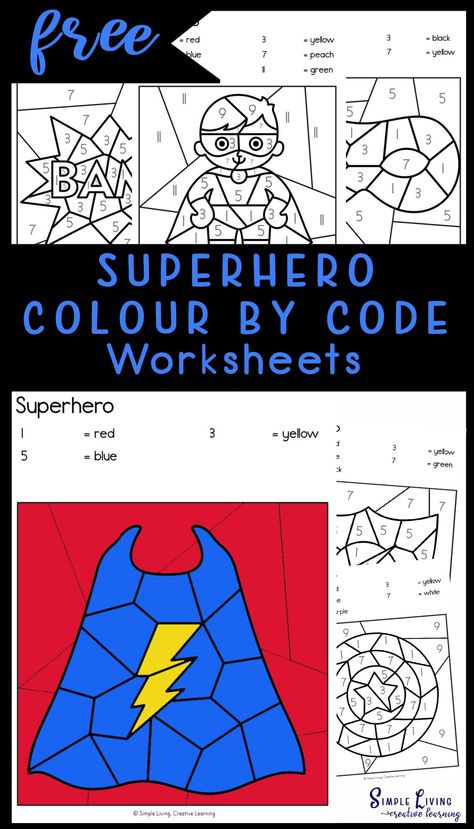 These Superhero Colour by Code Worksheets are an engaging way to practice number and colour recognition while working on fine motor skills. https://simplelivingcreativelearning.com/superhero-colour-by-code-worksheets/ Superheroes Activities, Study Craft, Superhero Classroom, Math Printables, Color By Numbers, Math Numbers, Color By Number, Learning Colors, Math Ideas