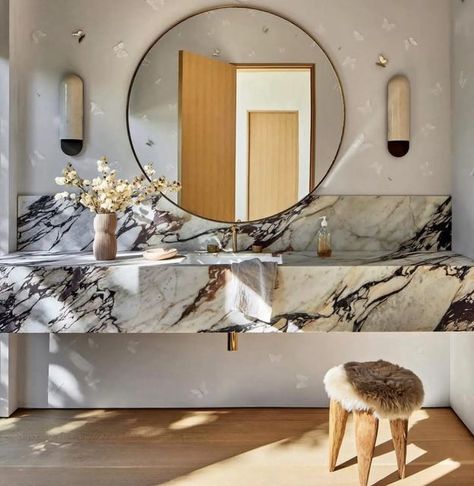 Floating Sink Bathroom, Floating Marble Sink, Floating Sink, Marble Sink, Marble Sinks, Office Bathroom, Marble Bathroom, Round Mirror Bathroom, Bathroom Design