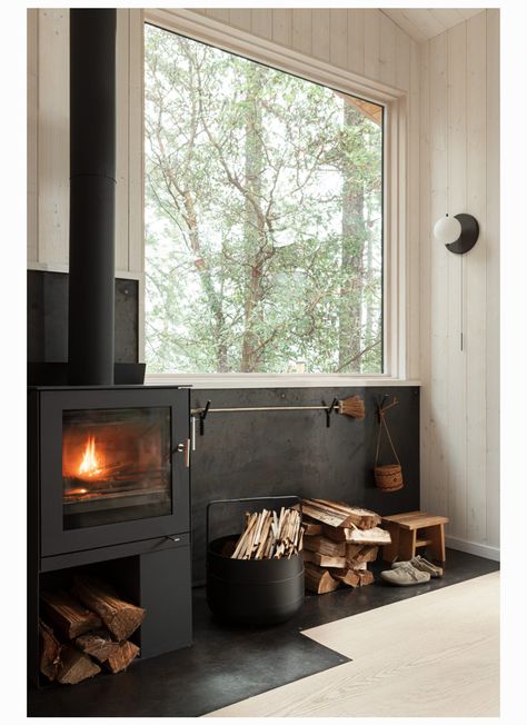 Small Wood Burning Stove, Wood Burning Stoves Living Room, Design Fireplace, Scandinavian Cabin, Painting Shiplap, Sauna House, Shiplap Cladding, White Oak Floors, Painted Brick