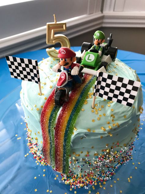 Mario Brother Cake Ideas, Mariokart Rainbow Road Cake, Rainbow Road Mario Cart, Mario Cart Cakes Birthday Easy, Super Mario Birthday Party Decorations Cake Ideas, 1 Up Mario Birthday Party, Mario Kart Rainbow Road Birthday Cake, Rainbow Road Mario Kart Party, Mario Birthday Party Cake Diy