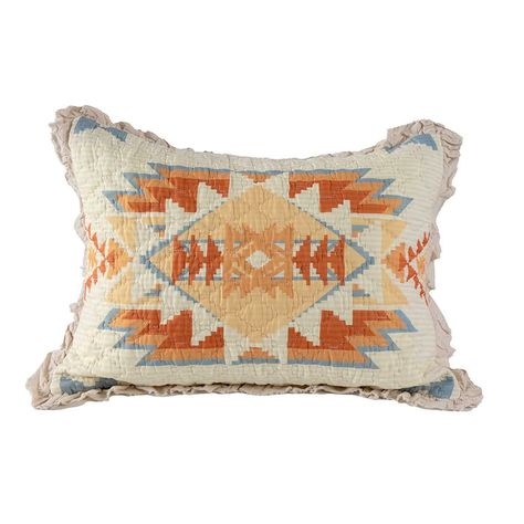 PRICES MAY VARY. SOUTHWEST HORIZON RUFFLE STANDARD SHAM DESIGN: Inspired by the colors of the desert at sunset, our Southwest Horizon Standard Sham has a base of cream and white stripes, topped with a horizontal Aztec pattern in warm colors of burnt orange, orange, and yellow along with a soft blue. Southwest, and Western home décor. This eye-catching standard sham features a solid burnt orange on the reverse. SOFT AND COMFORTABLE LUXURY: Made from materials that will never feel heavy, stiff or Western Chic Bedroom Decor, Coastal Western Bedroom, Western Chic Bedroom, Southwest Cabin, Southwestern Throw Pillows, Southwest Bedroom, Modern Southwest Decor, Western Bedrooms, Southwestern Home Decor