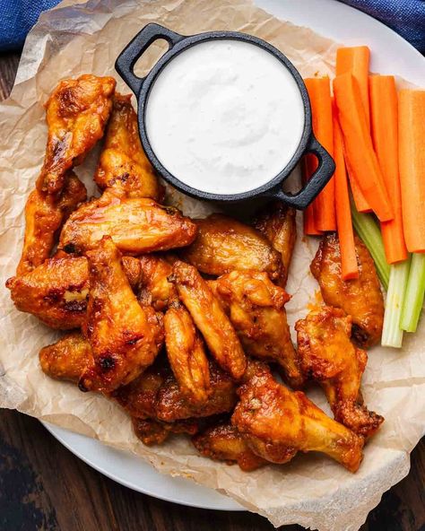 The Best Buffalo Wings - Sip and Feast Homemade Buffalo Wings, Best Buffalo Wings, Homemade Blue Cheese Dressing, Homemade Blue Cheese, Baked Buffalo Wings, Sip And Feast, Cayenne Pepper Sauce, Wings In The Oven, Wings Recipe Buffalo