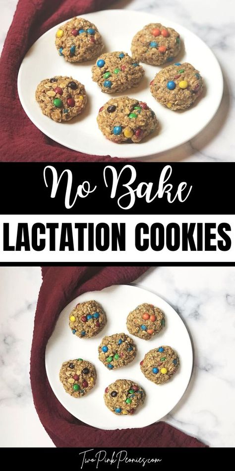 text that says No Bake Lactation Cookies above and below are images of the cookies Lactation Recipes Easy, Breastfeeding Cookies, Breast Milk Production, Lactation Cookies Recipe, Breastfeeding Snacks, No Bake Recipe, Breastfeeding Foods, Lactation Recipes, Lactation Cookies