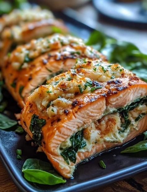 Jamie Oliver Recipes | 🦀 Spinach and Crab Stuffed Salmon 🐟 | Facebook Rolled Salmon Recipes, Holiday Salmon, Salmon Tart, Christmas Salmon, Salmon Pinwheels, Crab Stuffed Salmon, Crab Cakes Easy, Recipes Spinach, No Yeast Dinner Rolls